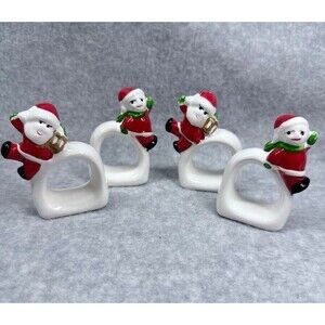 Vintage Santa Claus and Elves Ceramic Napkin Rings Set of 4 Christmas Dinnerware